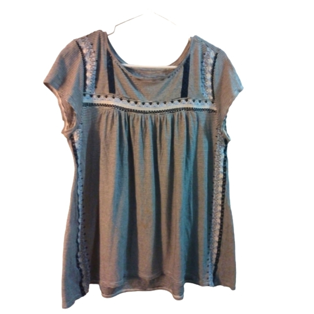 Ann Taylor Loft Dark Navy & White Striped Embroidered Ruched- Cap Sleeve Top M